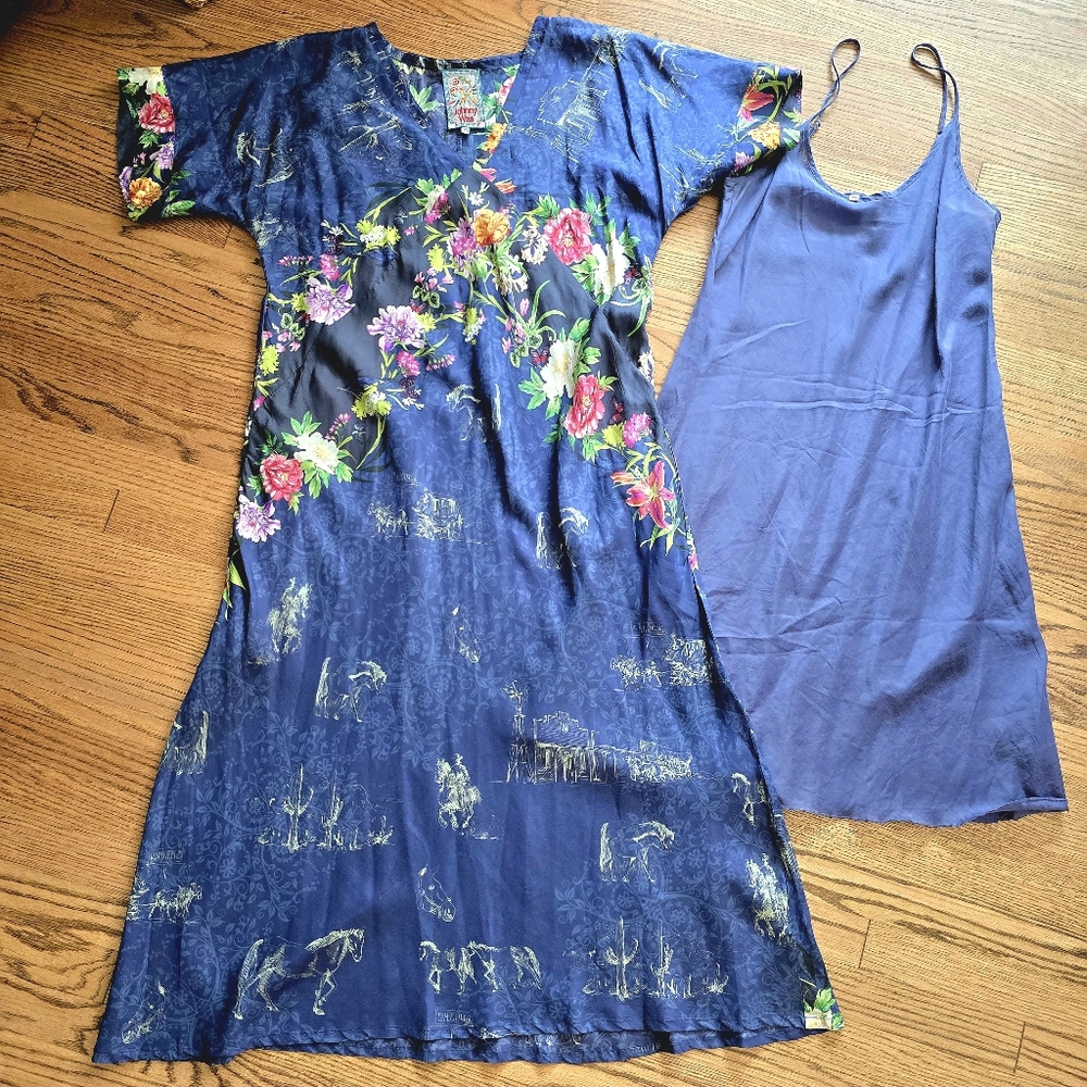 JOHNNY WAS Silk Nyla Dress Summer Maxi Matching Slip Southwestern